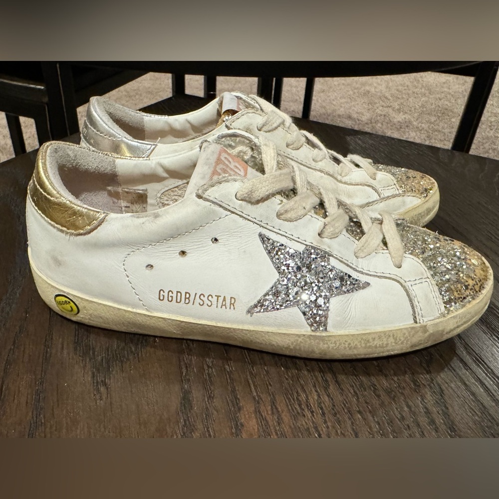 Golden Goose Kids White Sneakers with Silver Glitter Star and Gold Heel Tab